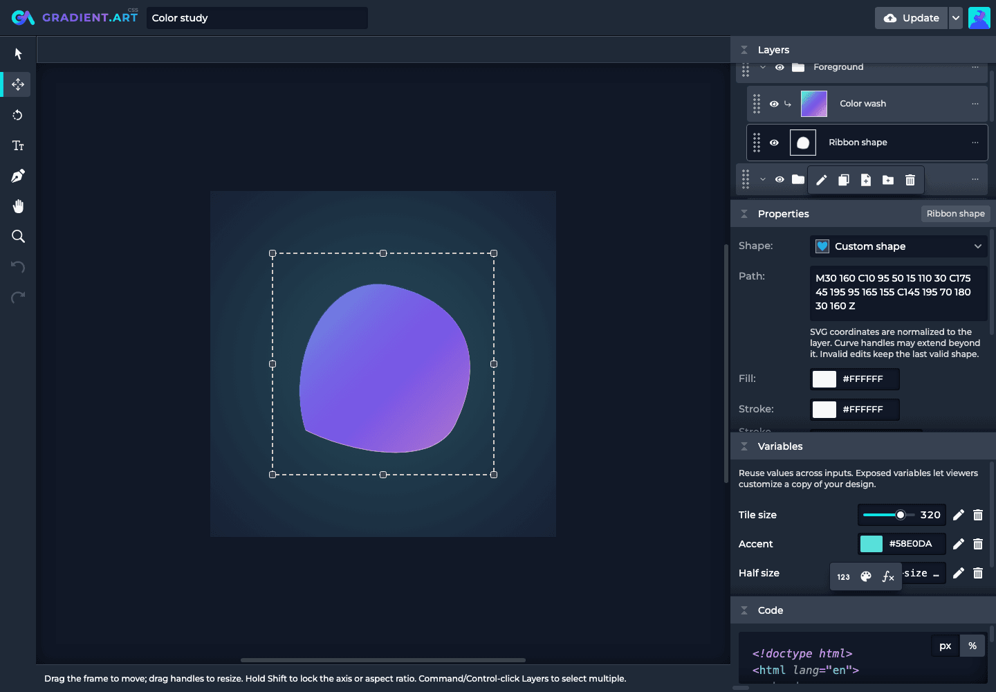 GradientArt editor with the project header, left toolbar, central artwork, tool bars, and right-hand panels