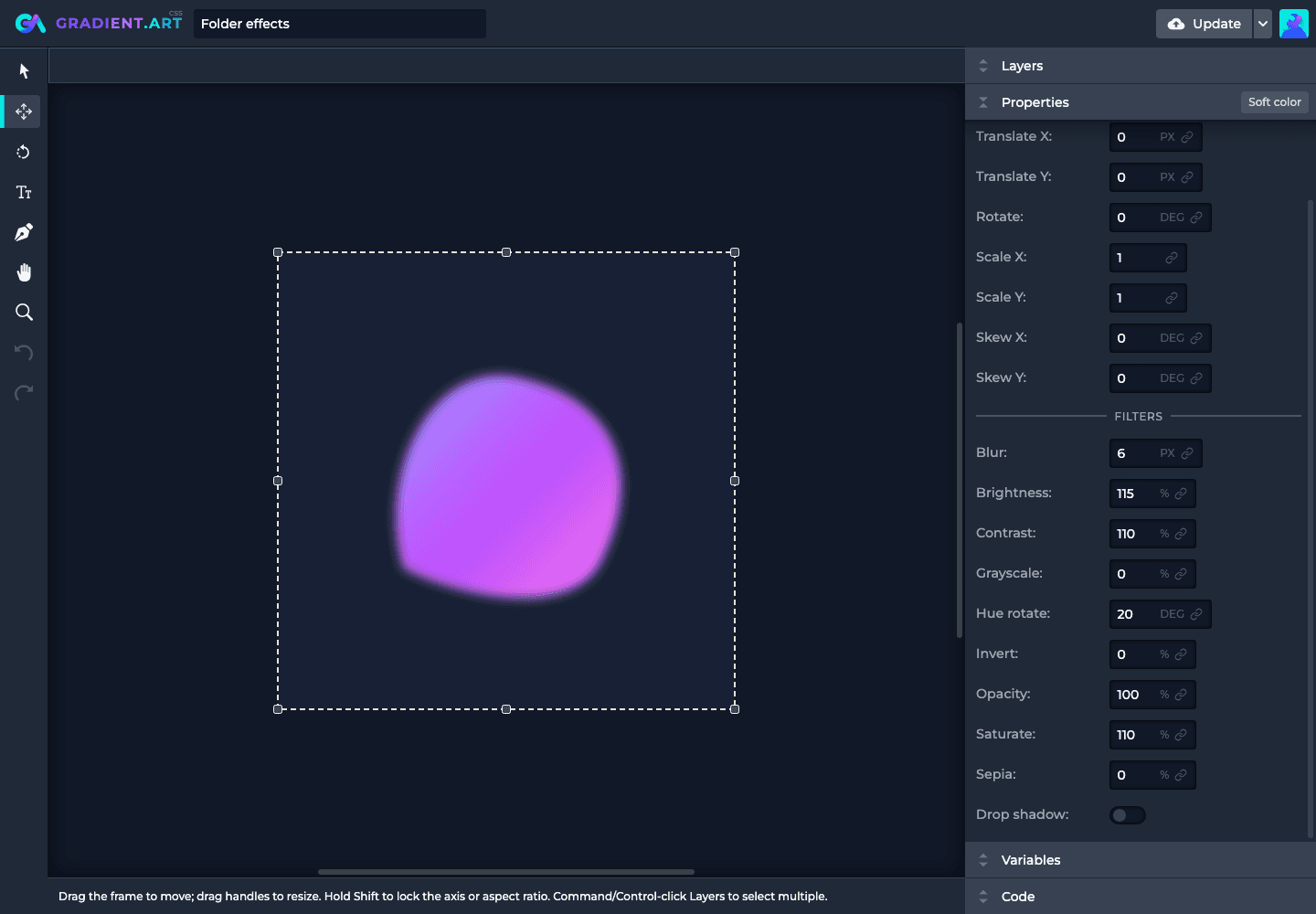 A selected folder with its filter controls showing blur, brightness, contrast, hue, opacity, and other effects