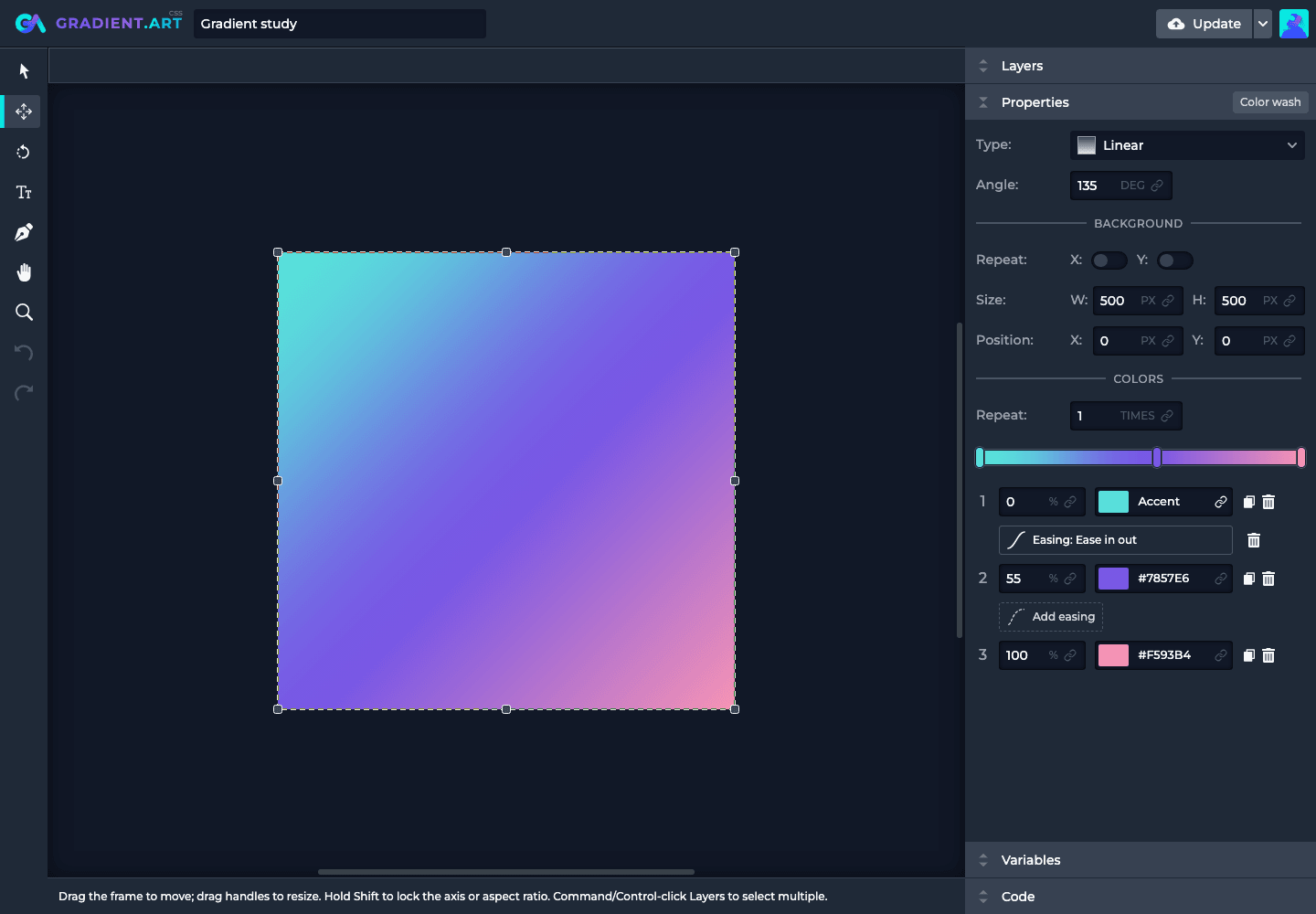 A gradient's color stops and easing control in the Properties panel