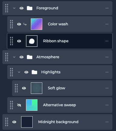 Layers panel showing named artwork in nested folders and a hidden alternative layer