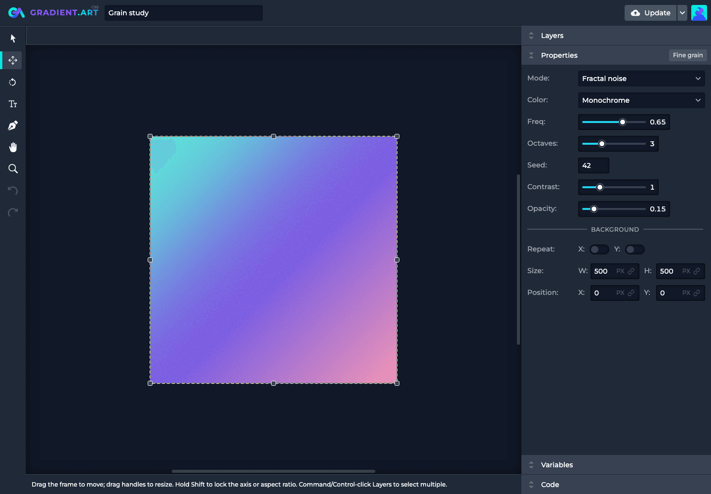 Monochrome noise over a gradient, with frequency, octaves, seed, contrast, and opacity controls