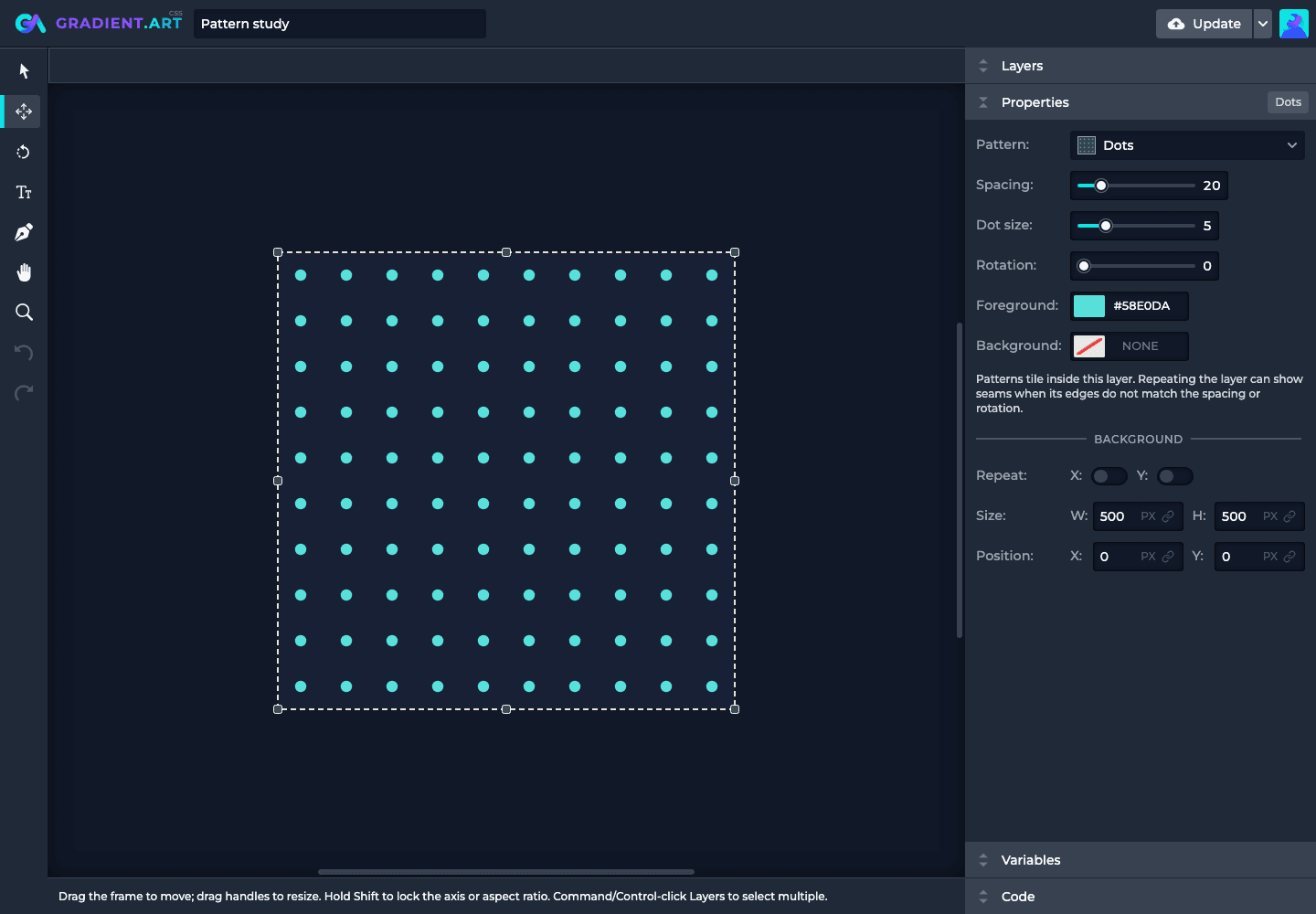A dotted pattern over a dark background with spacing, thickness, rotation, and color controls