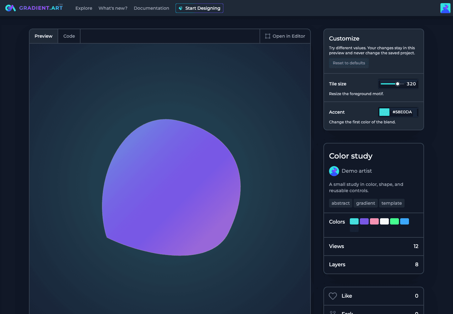 A saved project's Details View with artwork, Customize controls, project information, and Open in Editor