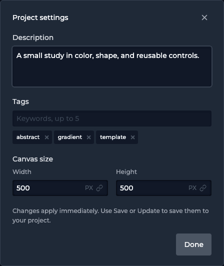 Project settings dialog with description, tags, canvas width and height, and the reminder to Save or Update