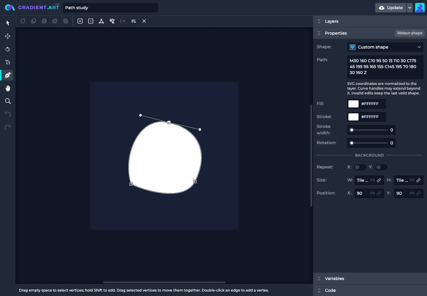 A custom shape being edited on the canvas with a selected vertex and visible curve handles