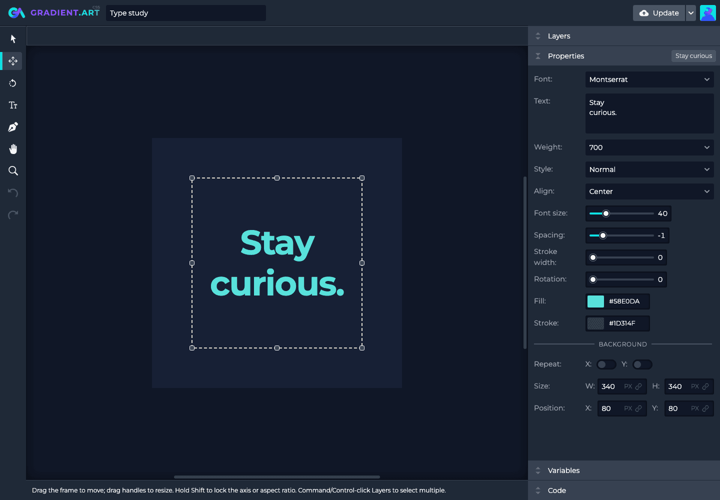 A text layer after finishing canvas editing, with its transform frame and font and typography properties