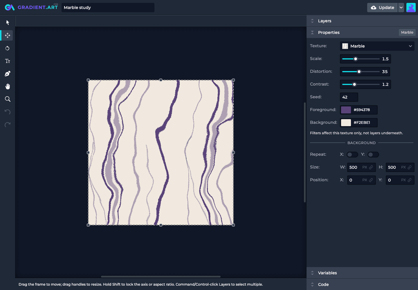 A marble texture with scale, distortion, contrast, seed, and palette controls