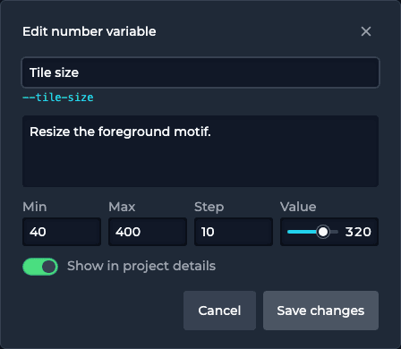 Number-variable form with label Tile size, CSS name --tile-size, and value and range controls